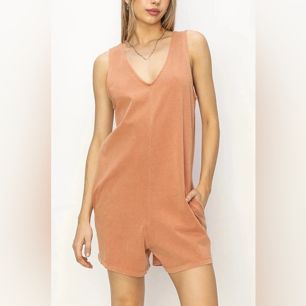 HYFVE Clay 100% Cotton Boho Wide Shoulder V-Neck Relax Fit Romper with Pockets